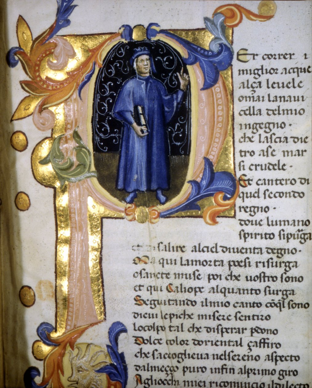 Dante Alighieri (1265 - 1321) költő lettrinája, miniatűr 14. század. alkotó: Unknown artist