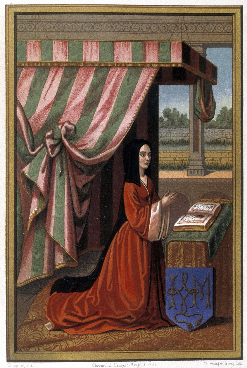 Anne de France, Anne de Beaujeu (1461-1522) ábrázolása az imában. XI. Lajos és Charlotte de Savoie lánya. Kromolitográfia megvilágítás után. alkotó: Unknown artist