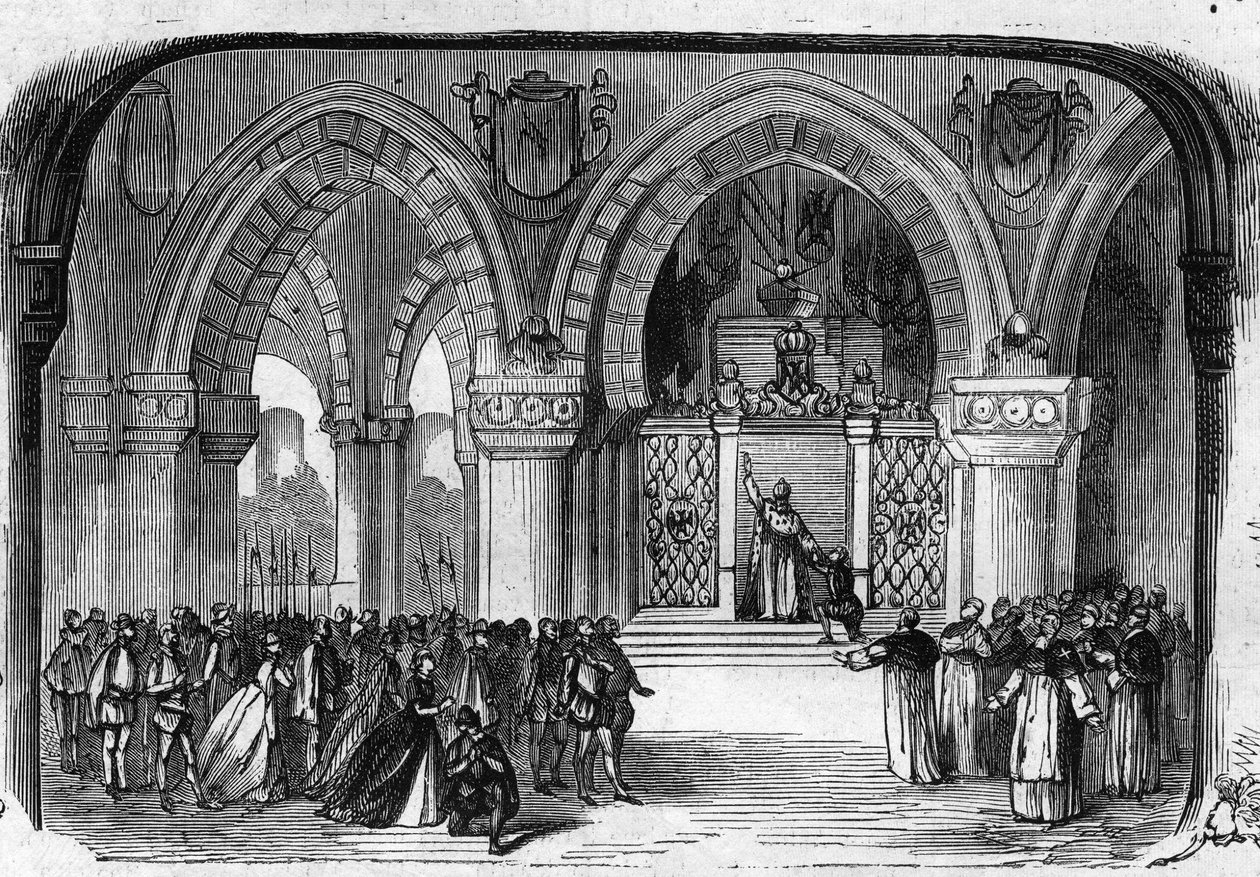 A Don Carlo (Don Carlos) Opera bemutatása 5 felvonásban Giuseppe Verditől a Párizsi Operában 1867. március 11-én. Az 5. felvonás jelenete: Szent Juste kolostor, V. Károly jelenése. Metszet 1867-ből. alkotó: Unknown artist