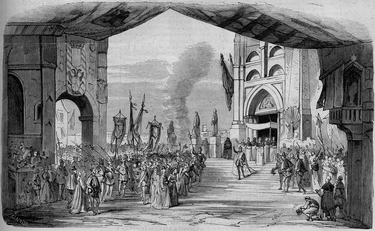 A Don Carlo (Don Carlos) Opera bemutatása 5 felvonásban Giuseppe Verditől a Párizsi Operában 1867. március 11-én. A car da fe, 3. felvonás, Cambon és Thierry dekorációja. Metszet 1867-ből. alkotó: Unknown artist