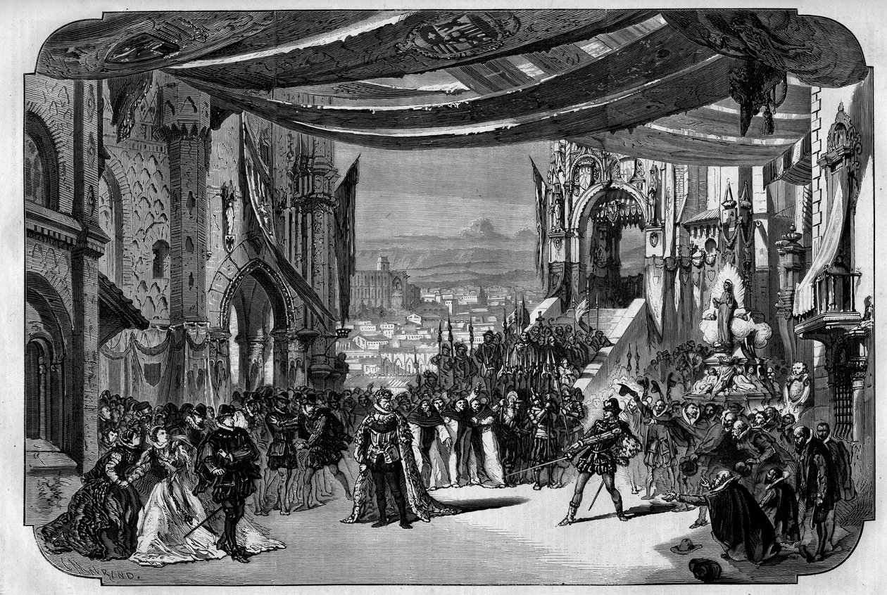 A Don Carlo (Don Carlos) Opera bemutatása 5 felvonásban Giuseppe Verditől a Párizsi Operában 1867. március 11-én. Neuville rajzán a harmadik felvonás, negyedik festmény, IX. alkotó: Unknown artist