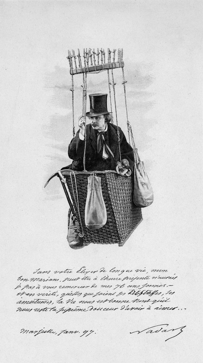 Felix Tournachon dit Nadar (1820-1910) ábrázolása egy léggömb gondolán. 1897 alkotó: Unknown artist