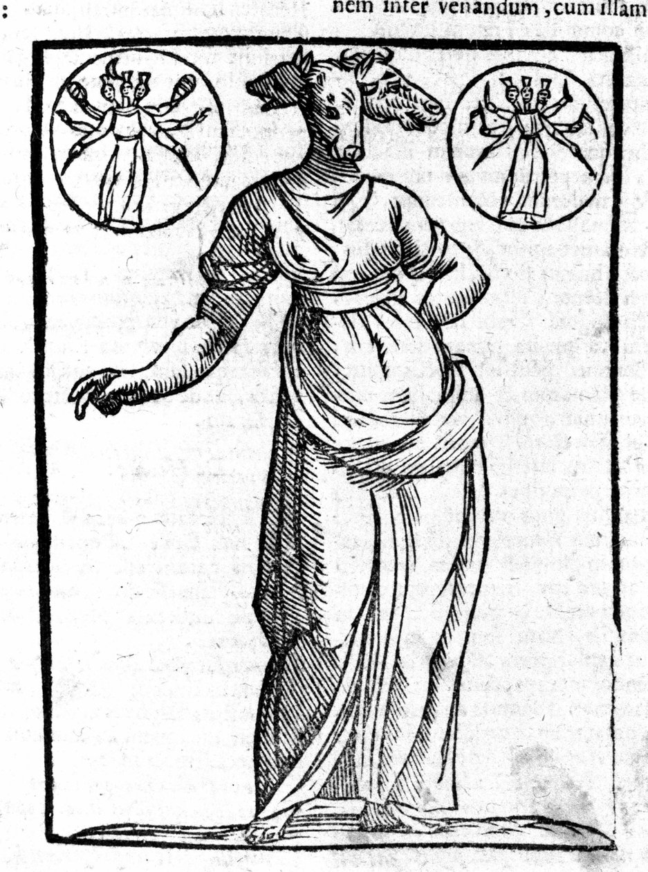 Hecate, a görög gonosz istenség ábrázolása, akit az útkereszteződésben állítottak fel, általában három feje volt. 17. századi metszet. alkotó: Unknown artist