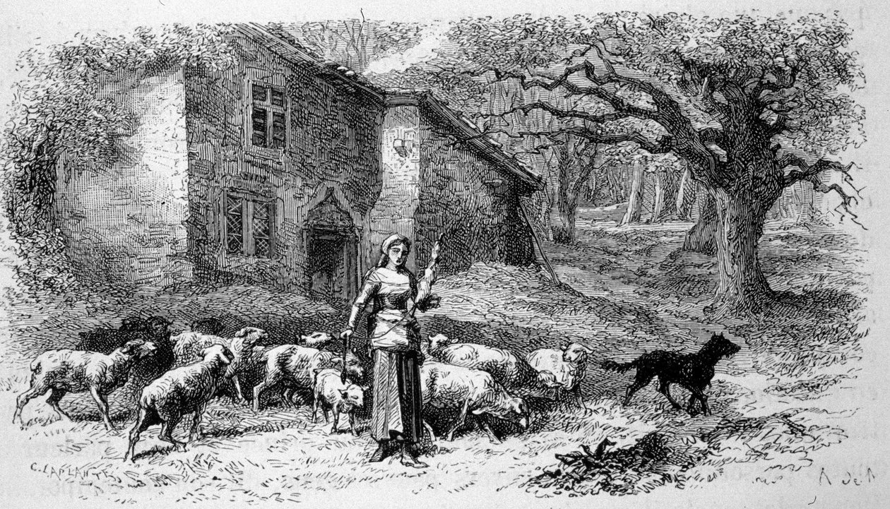 Jeanne of Arc ábrázolása, amikor még fiatal pásztorlány volt Domremyben. Metszés. 19. század alkotó: Unknown artist