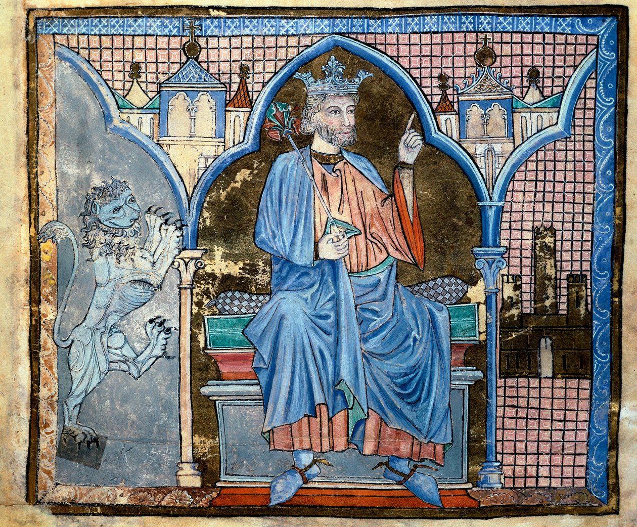 III. Ferdinánd kasztíliai király vagy Szent Ferdinánd (1199-1252) ábrázolása Miniatűr a „Királyi kiváltságok mutatója” című kéziratból. 66 v. 13. századi Santiago de Compostela (Santiago de Compostela) (Santiago de Compostela), archívum alkotó: Unknown artist