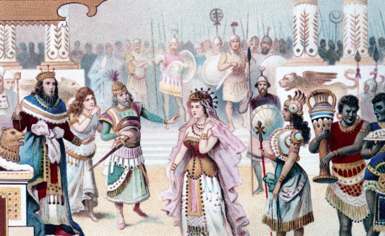 A Karl Goldmark (1830 - 1915) által komponált opera „Saba királynője” I. felvonásának 1. jelenetének ábrázolása. századi kromolitográfia. alkotó: Unknown artist