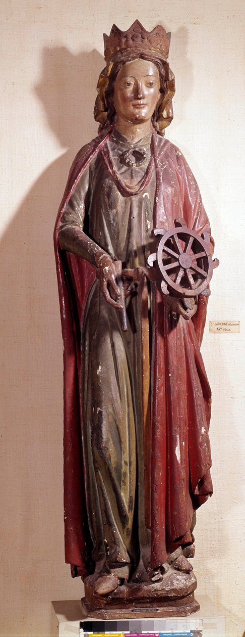 Alexandriai Szent Katalin ábrázolása, kezében kínja kerékhangszere. Polikróm fa szobor alkotó: Unknown artist