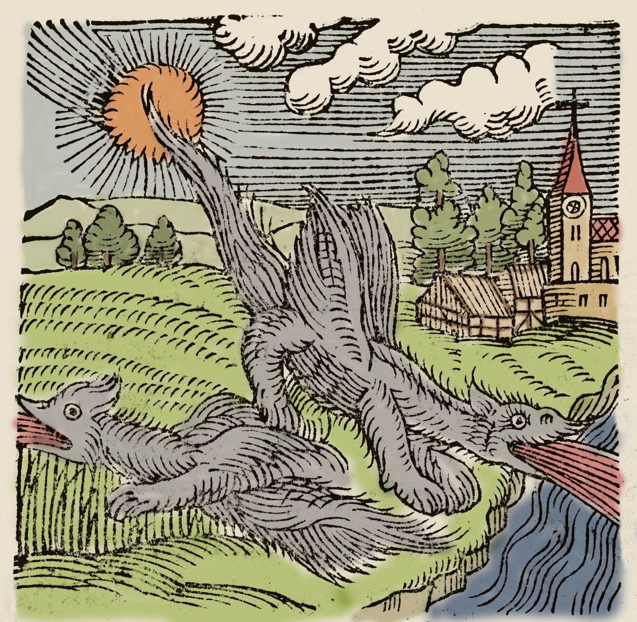 Bazilikák ábrázolása röptében égő búzaföldeken. Metszet Conrad Lycosthenes (1518-1561) „Prodigiorum ac ostentorum chronicon”-ból. 1557. alkotó: Unknown artist