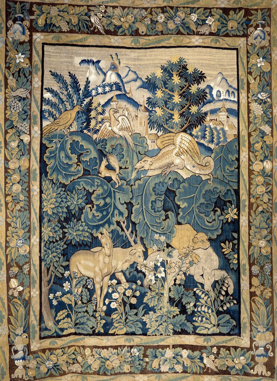 Fantasztikus állatok ábrázolása egy őserdőben. 15. századi kárpit. Angers, kastélymúzeum alkotó: Unknown artist