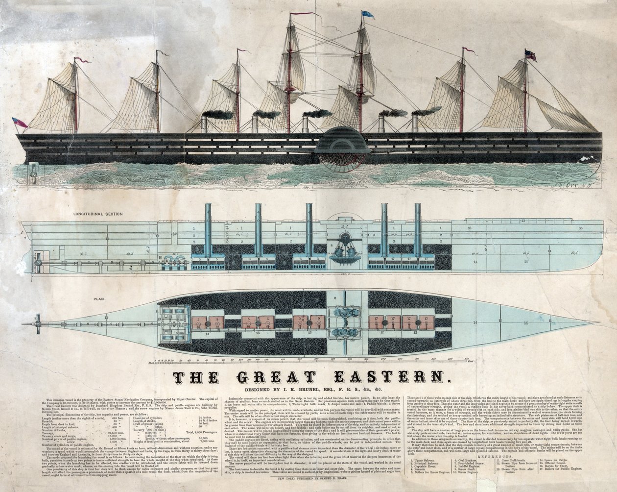 Az Isambard Kingdom Brunel által 1858-ban felavatott Great Eastern brit hajó ábrázolása, az első óriási vonalhajó, amelyet 1858-ban terveztek - az Isambard Kingdom Brunel által tervezett nagy keleti vasvitorlás gőzhajó - alkotó: Unknown artist