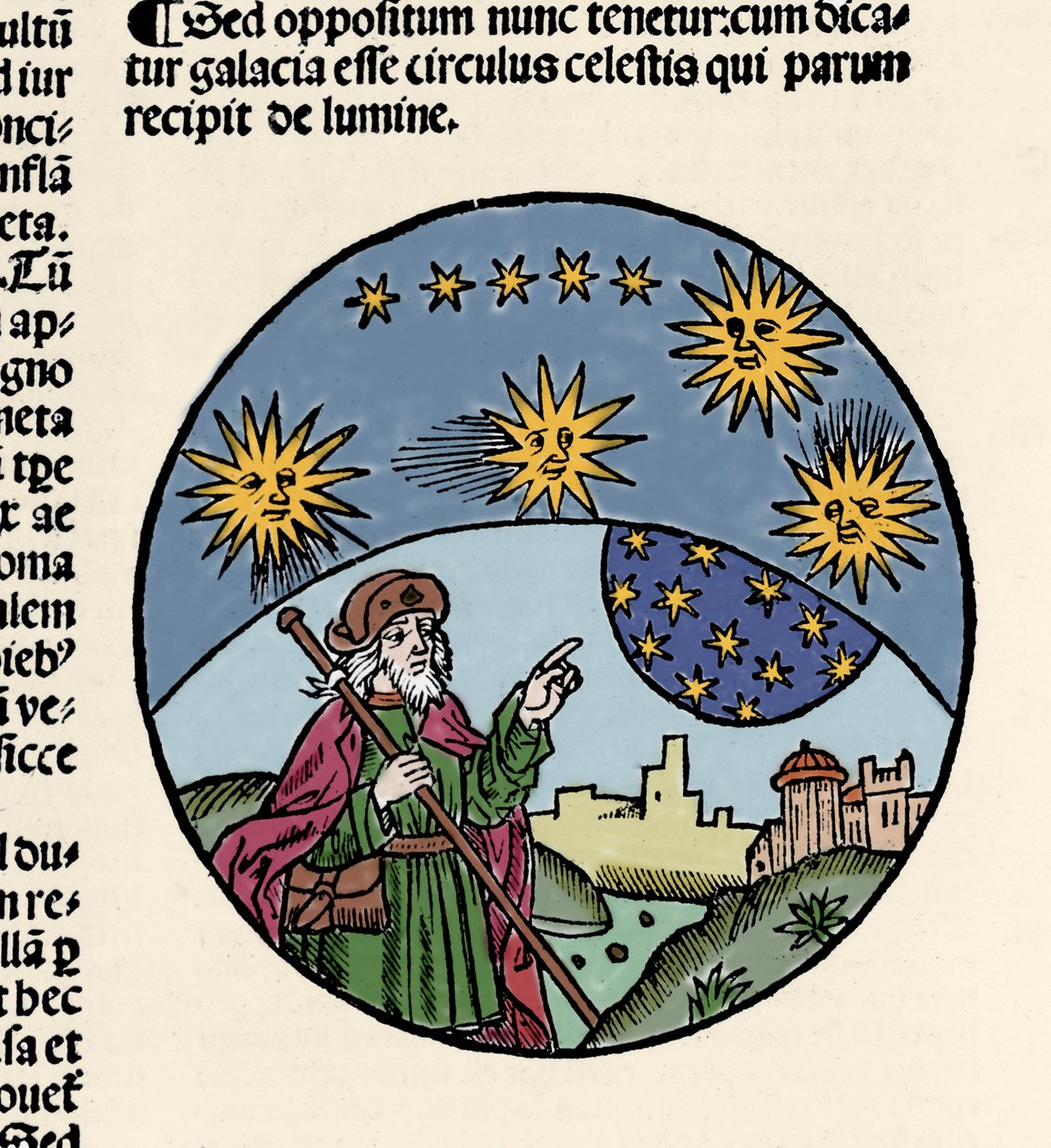 Arisztotelész (Kr. e. 384-322) görög filozófus ábrázolása, amely a csillagokat jelzi. Metszet a fizika útjáról "Arisztotelész rövidített szövege a fizika nyolc könyvéről és az egész természetfilozófiáról" Thomas Bricot (megh. 1516). 1496 alkotó: Unknown artist