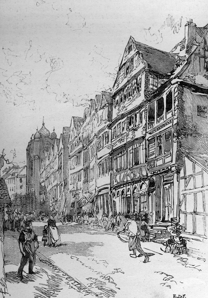 A frankfurti Zsidó utca ábrázolása, a Rothschild család szülőhelye. Metszet a "" The Illustrous World" -be alkotó: Unknown artist
