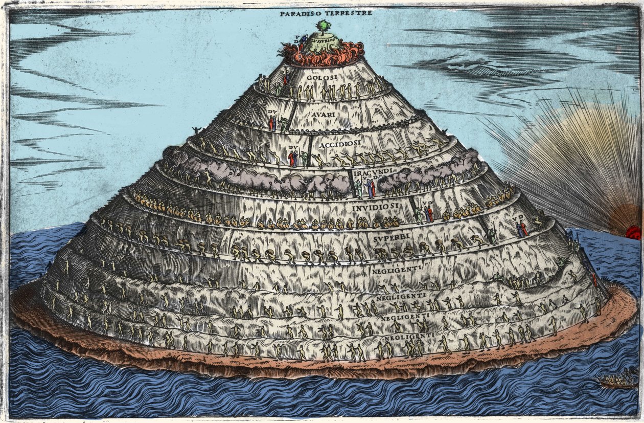 A purgatórium ábrázolása Dante Alighieri (1265-1321) Isteni színjátéka után: a földi paradicsom a csúcson van. 17. századi névtelen metszet alkotó: Unknown artist