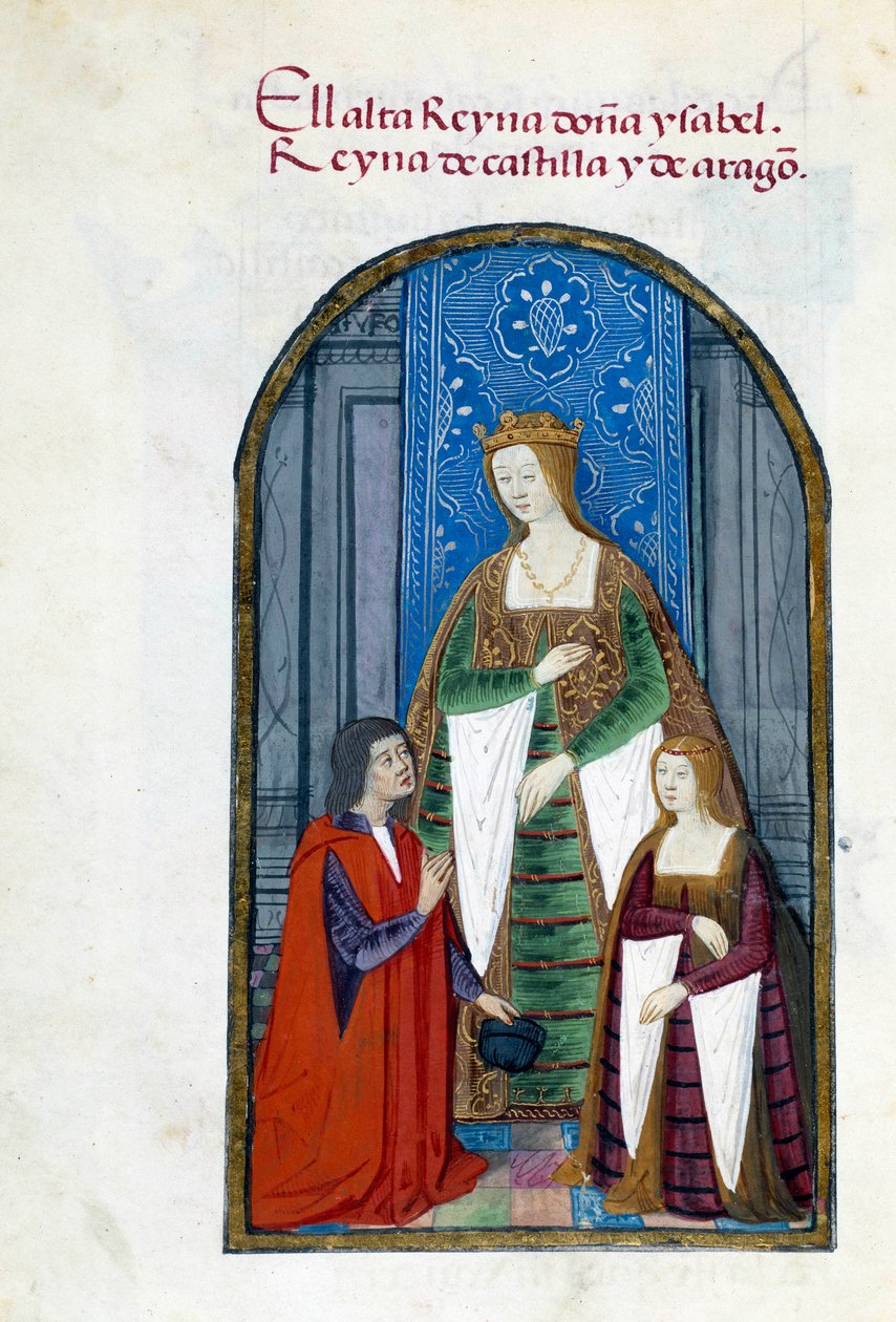 Spanyol királynő, Katolikus Izabella (1451-1504), lánya, Jeanne Iere the Folle (1479-1555) és Pedro Marcuello ábrázolása. A kézirat oldala Pedro Mar „” Folle Joan királynő (1479-1555) spanyolországi áhítat gyűjteményéből” alkotó: Unknown artist