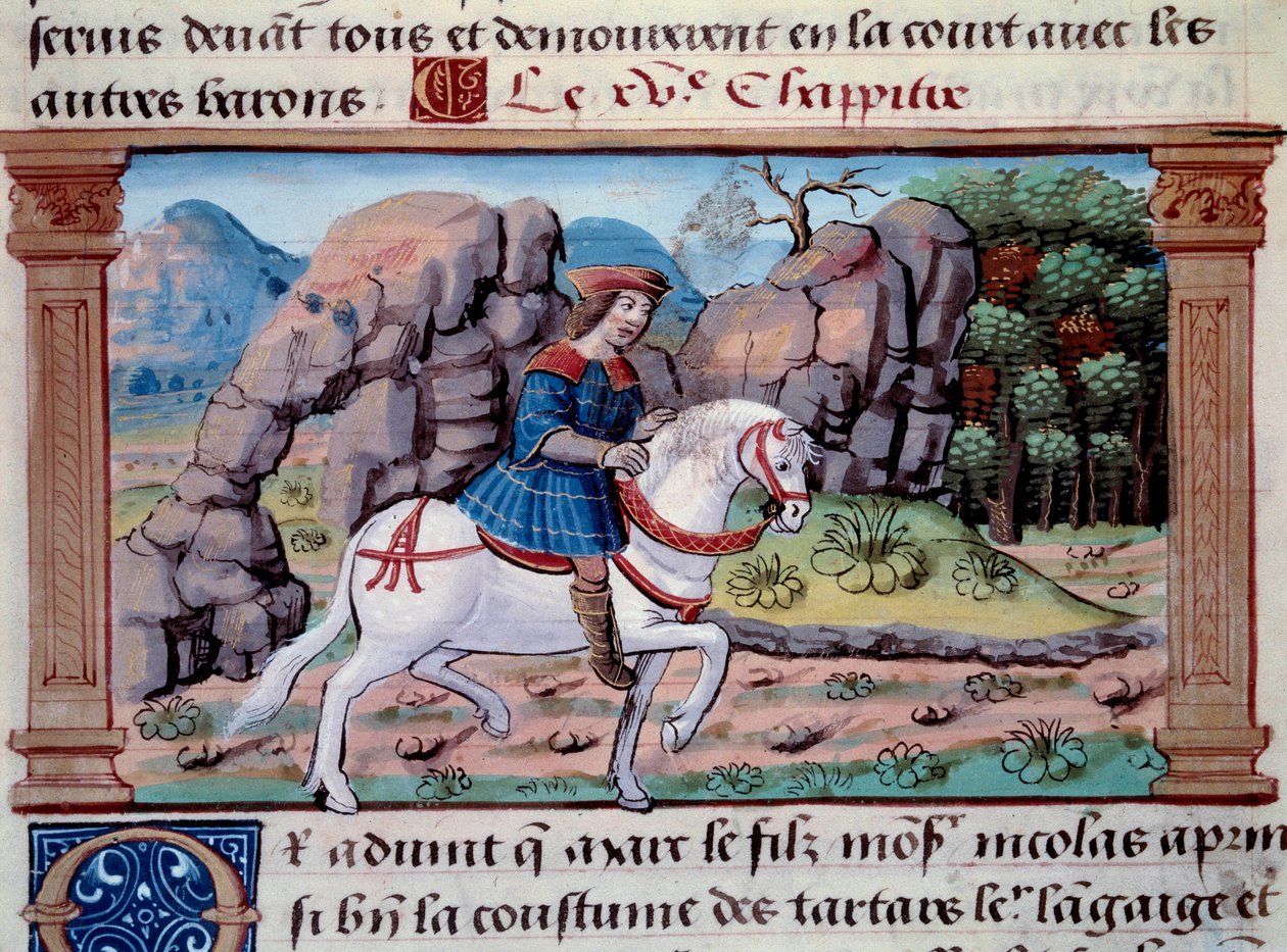 Marco Polo (1254-1324) velencei hajós ábrázolása lóháton. Marco Polo (1254-1324) miniatúrája a "" A csodák könyvéből"" ("" Devisement of the World", "" Il Milione") ). 1298. Párizs, Arzenál könyvtára alkotó: Unknown artist