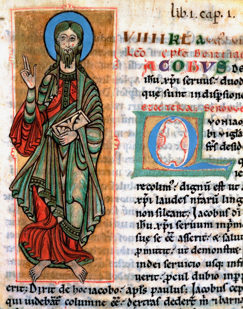 Nagy Szent Jakab apostol ábrázolása Miniatűr a „Codex Calixtinus”-ból (Szent Jakab könyve), 1140 körül. Fol. 4. A Santiago de Compostelai székesegyház (Santiago de Compostela) archívuma, Spanyolország alkotó: Unknown artist
