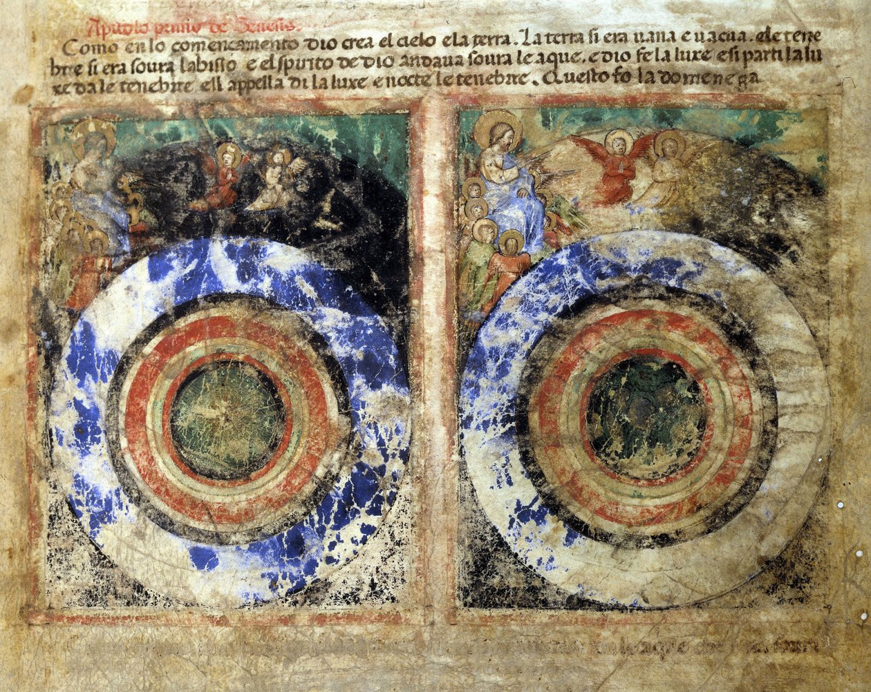 A világ teremtésének ábrázolása. Genesis. Miniatűr a 212-es kódexből (vagy padovano kódexből vagy Páduai Bibliából) 1390-1400 Rovigo, Accademia dei Concordi alkotó: Unknown artist