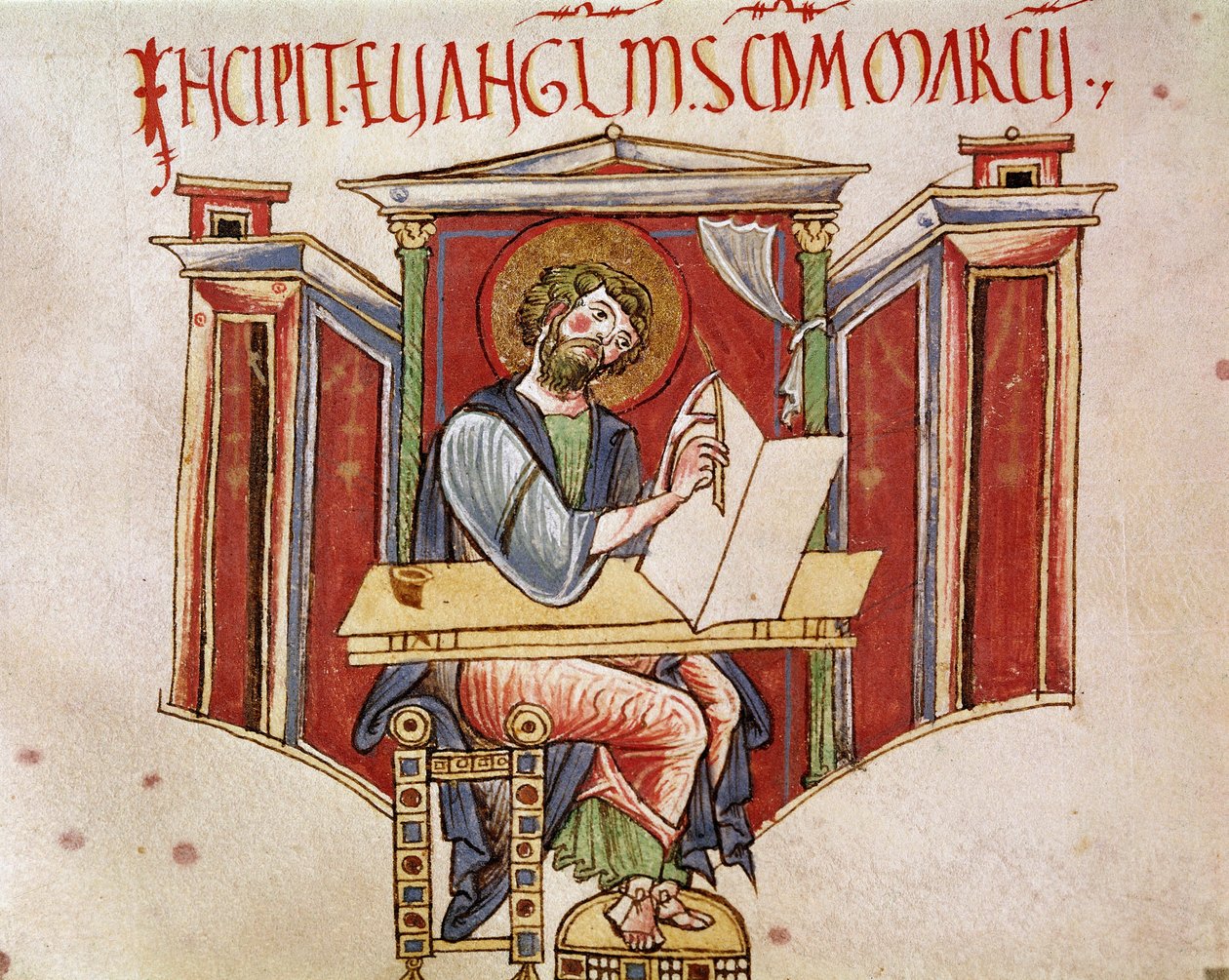 Szent Márk evangélista miniatűr ábrázolása a bencés szerzetesek kéziratából „Liber evangeliarum”” 11. vagy 12. századi Biblioteca Vallicelliana Rome alkotó: Unknown artist