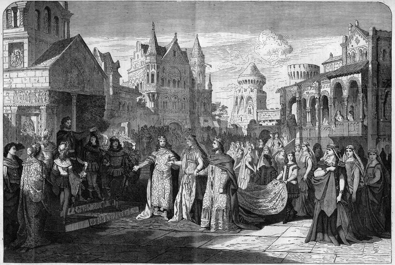 Richard Wagner (1813-1883) „Lohengrin” című romantikus operájának bemutatása, a II. felvonás utolsó jelenete a müncheni Királyi Színházban, Németországban. Metszet a „The Illustrous Universe”-be alkotó: Unknown artist