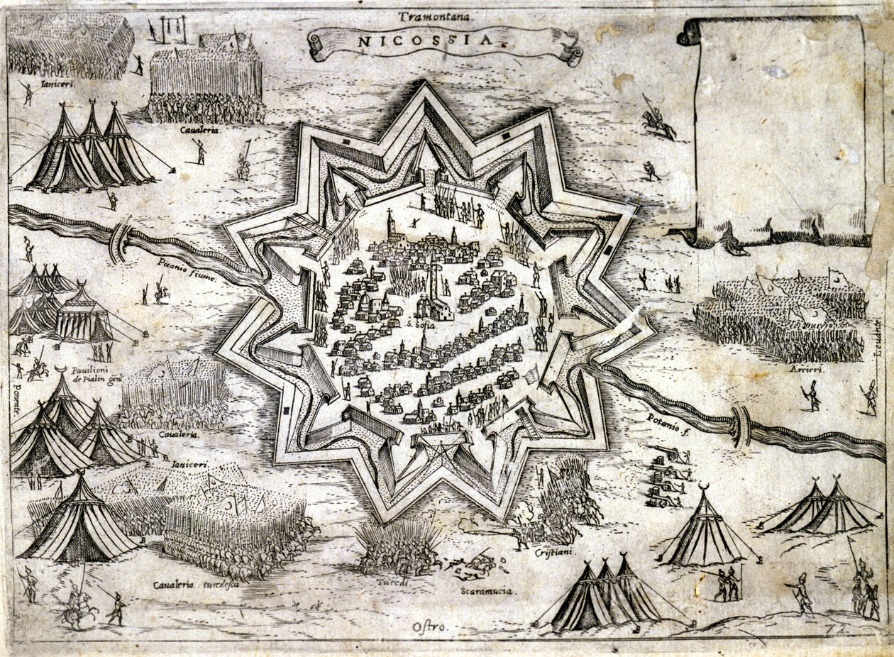 Nicosia ostromának ábrázolása Ciprus szigetén 1191-ben a 3. keresztes hadjárat során Richard Lion Heart által. 16. század. alkotó: Unknown artist