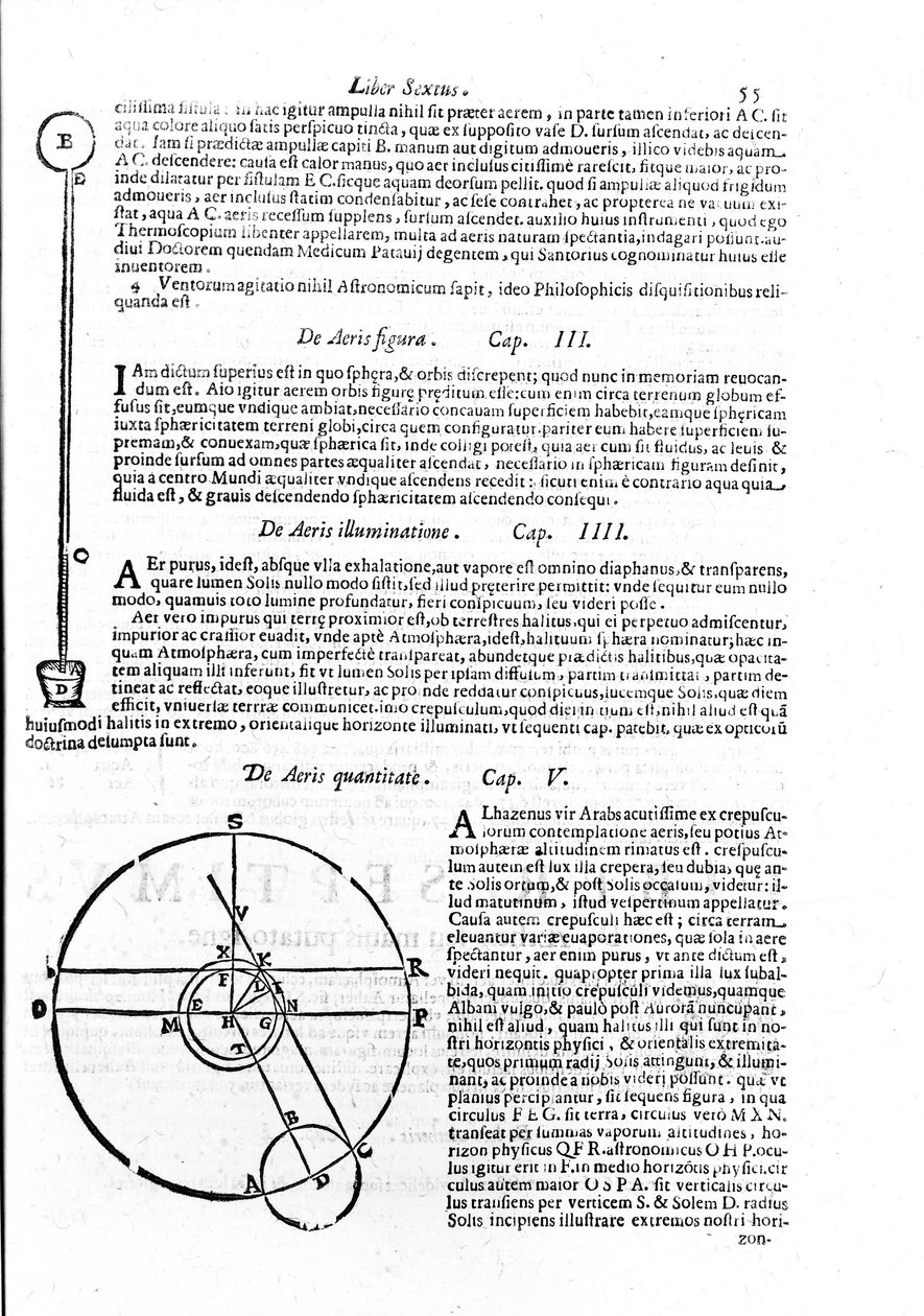 A hőmérséklet-ingadozás mérésére használt termoszkóp ábrázolása. Az oldal Giuseppe Biancani (Josephus Blancanus) jezsuita csillagász és matematikus "A világ szférája, avagy demonstratív kozmográfia és a hagyományos módszer" című könyvéből vett részt (156) alkotó: Unknown artist