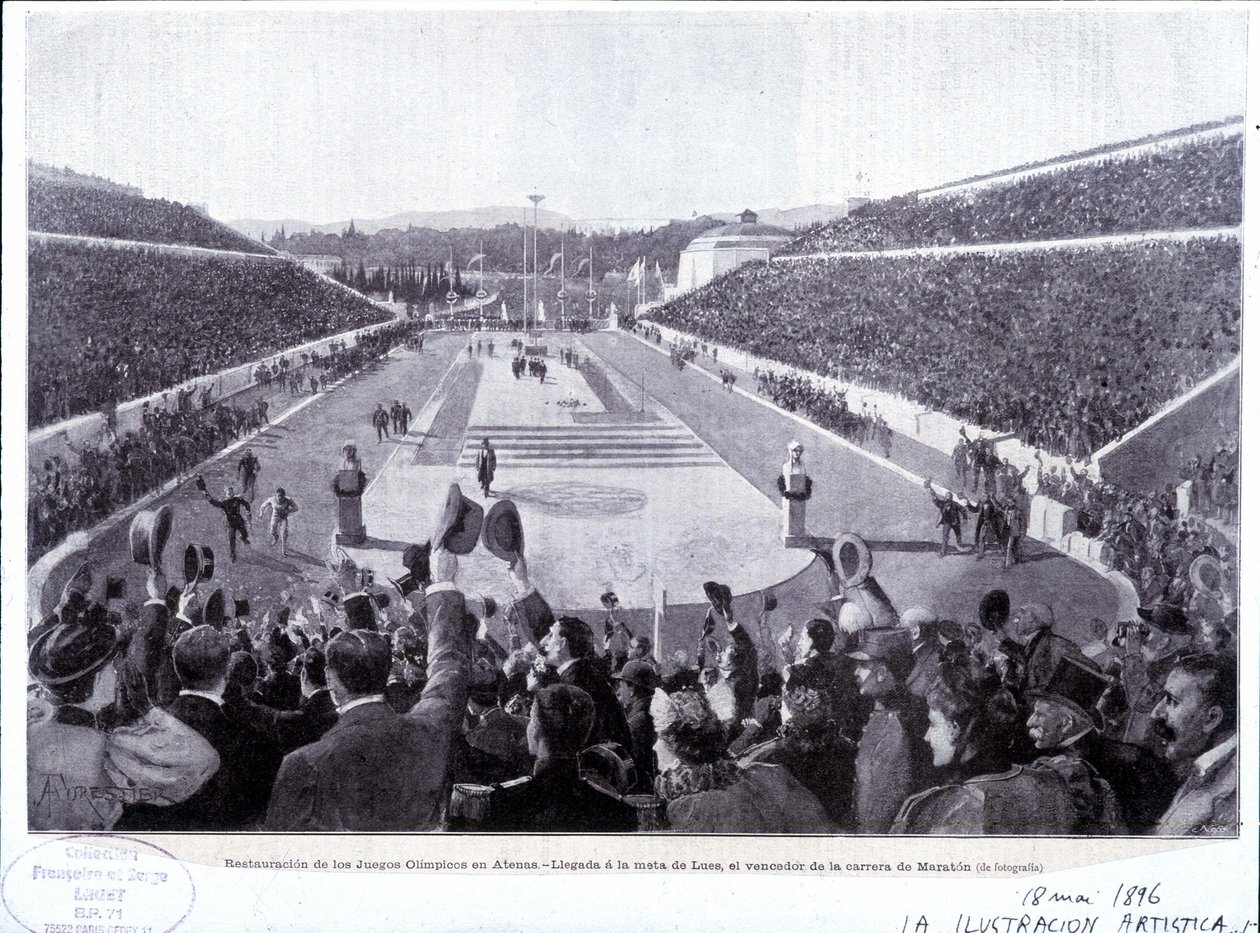 Az athéni olimpiai játékok helyreállítása: Lues, a maratoni győztes érkezése alkotó: Unknown artist