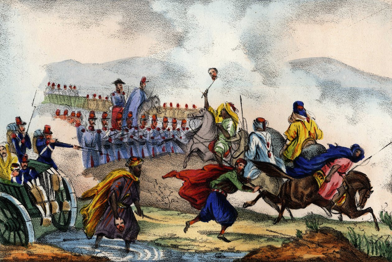 Az arabok visszavonulása az afrikai francia hadsereg által Konstantinban 1837-ben kialakított tér előtt. „” Storia d