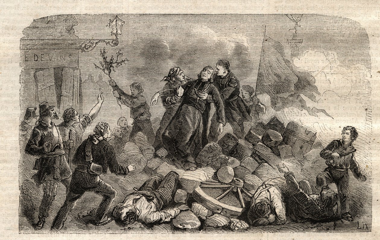 1848-as forradalom: „” Denis Affre monsignor (1793-1848) Archeveque a párizsi Faubourg Saint Antoine barikádon 1848.06.26. (Do o mon dieu que mon sang be le dernier vers) (Death Denis Affre párizsi érsek barikád a t bejáratánál alkotó: Unknown artist
