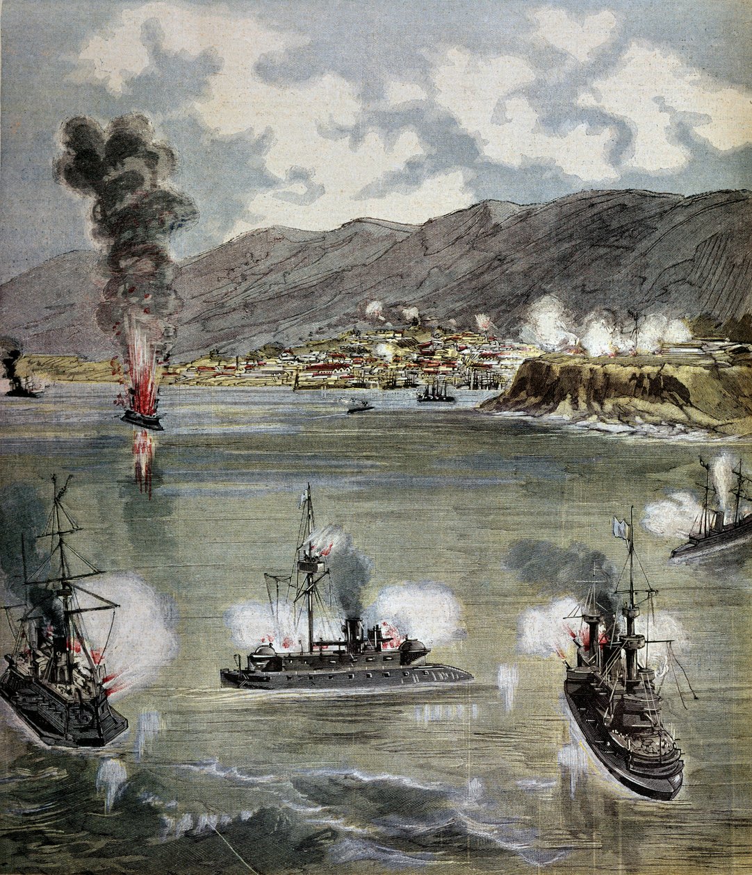 Forradalom Chilében: a Valparaiso elleni támadás 1891-ben. Az illusztráció a „” Supplement illustrates du Pepetit Journal””-ból származik, 1891. Paris, B.N. alkotó: Unknown artist