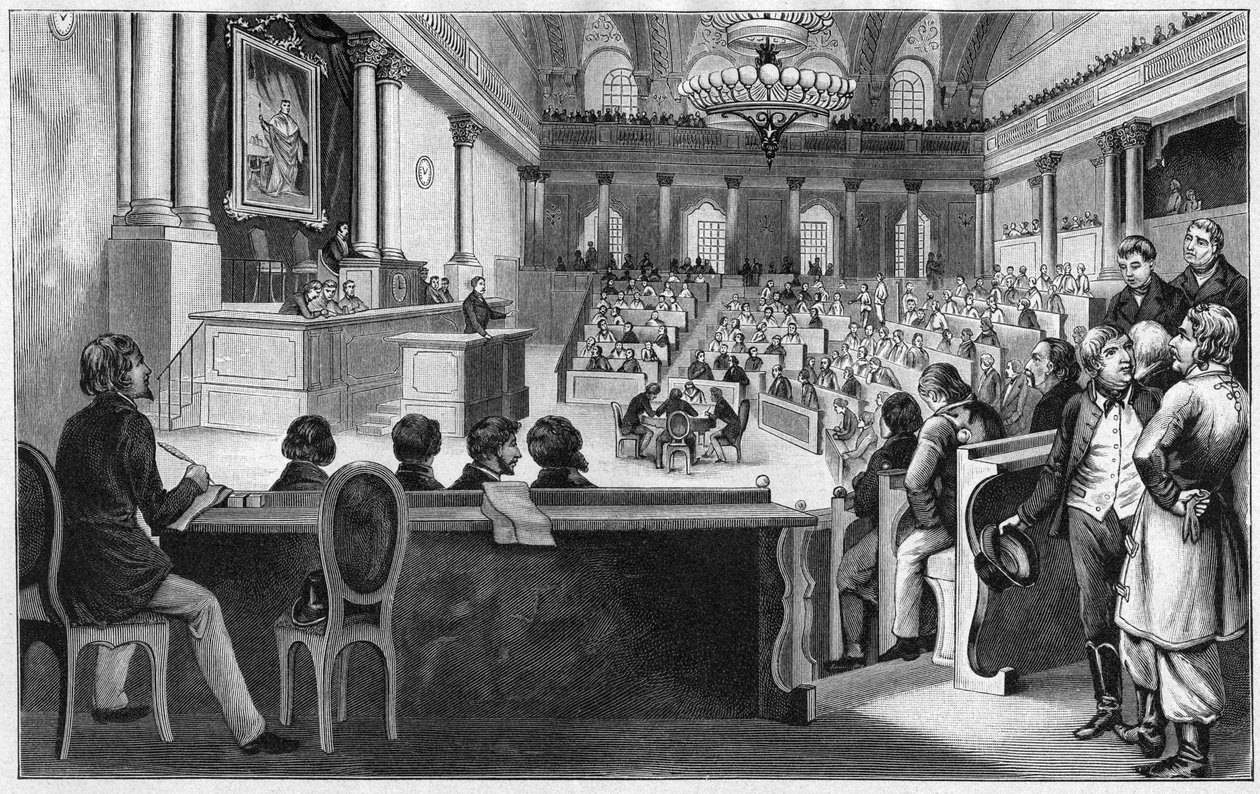 1848-as bécsi forradalom – Az első osztrák alkotmányozó nemzetgyűlés (Reichs Versammlung) ülése 1848. július a bécsi spanyol lovasiskolában. alkotó: Unknown artist
