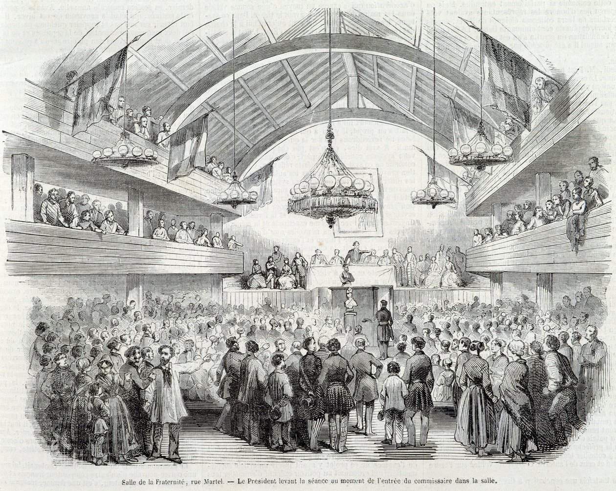 1848-as forradalom: Brotherhood Hall, Rue Martel, az elnök elnapolta az ülést a biztos bejáratánál a teremben alkotó: Unknown artist