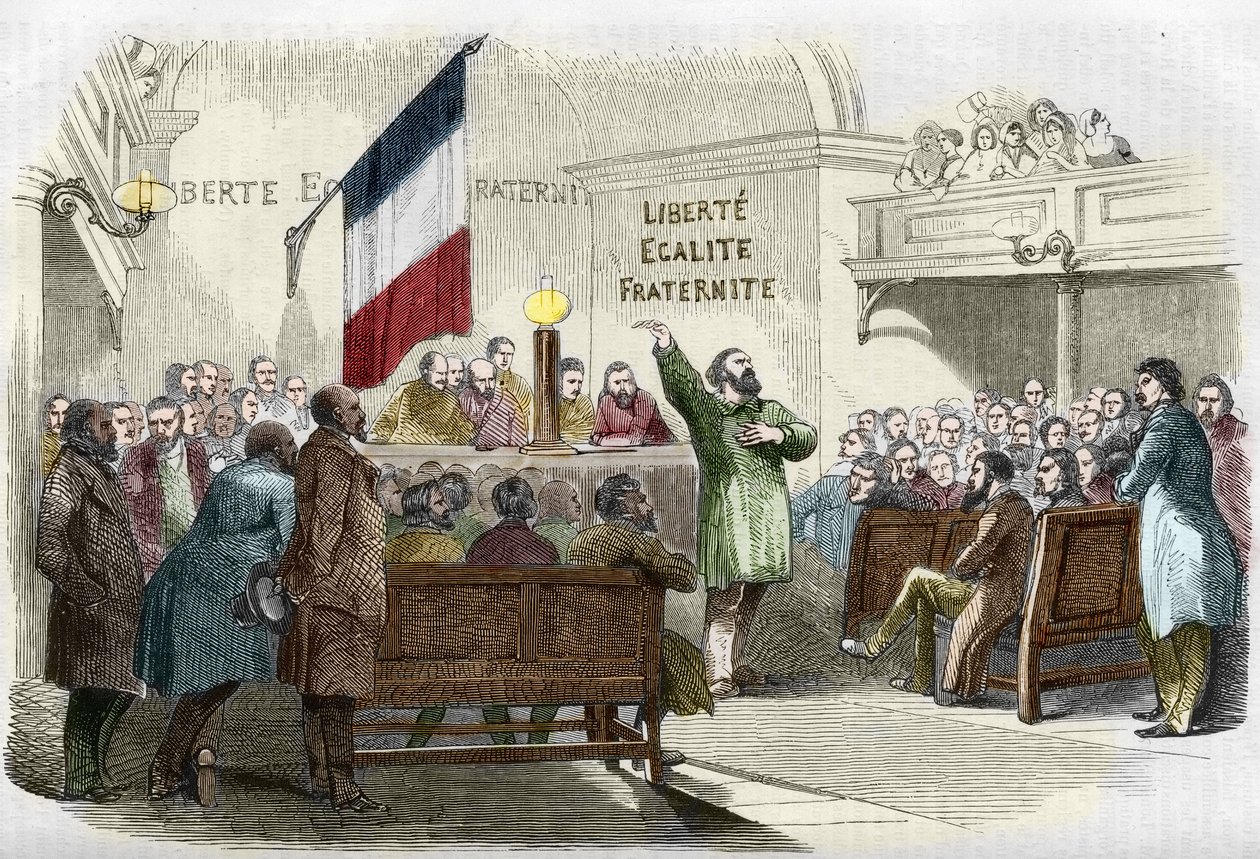 1848-as forradalom: Republikánus Klub találkozó Párizsban 1848-ban. A falon a „szabadság, egyenlőség, testvériség” republikánus mottója olvasható. (Találkozás egy republikánus klubban). századi metszet. alkotó: Unknown artist