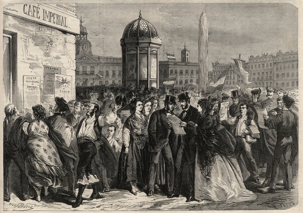 1868. szeptemberi forradalom Spanyolországban (Gloriosa): a junta kiáltványának olvasása a madridi Alcala utcában. Metszet a „L