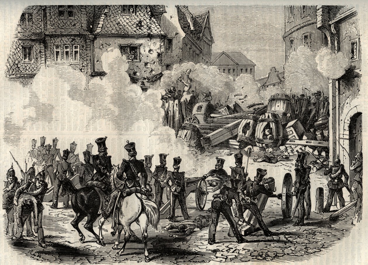 1848-1849-es forradalmak, Németország, Frankfurt – A csapatok barikádot rohamoztak meg a németországi Frankfurtban szeptember 18-án alkotó: Unknown artist