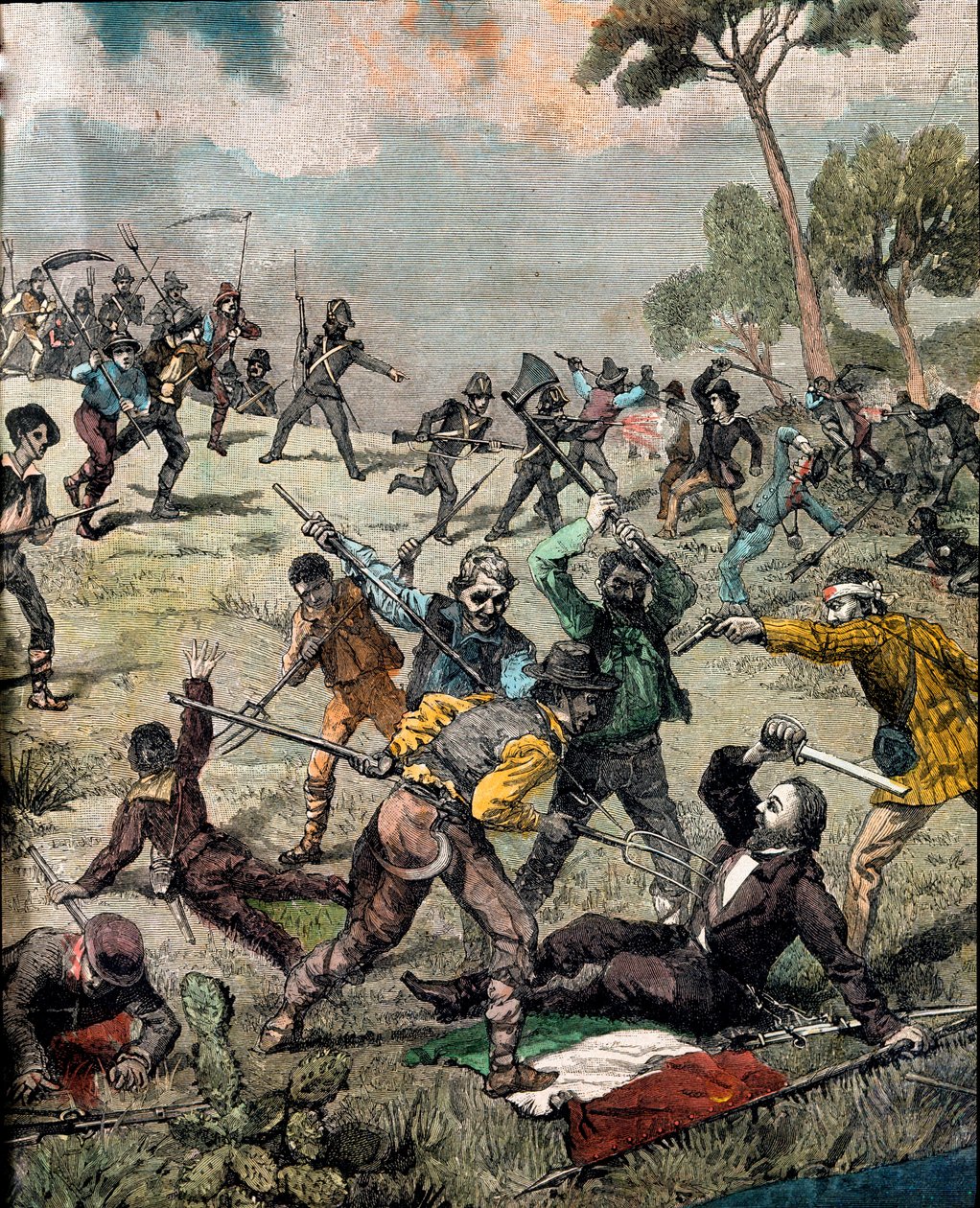 Risorgimento: "" Carlo Pisacane olasz forradalmárt (1818-1857) parasztok megrohamozzák Sapriban 1857.06.28-án"" Metszet Magángyűjtemény alkotó: Unknown artist