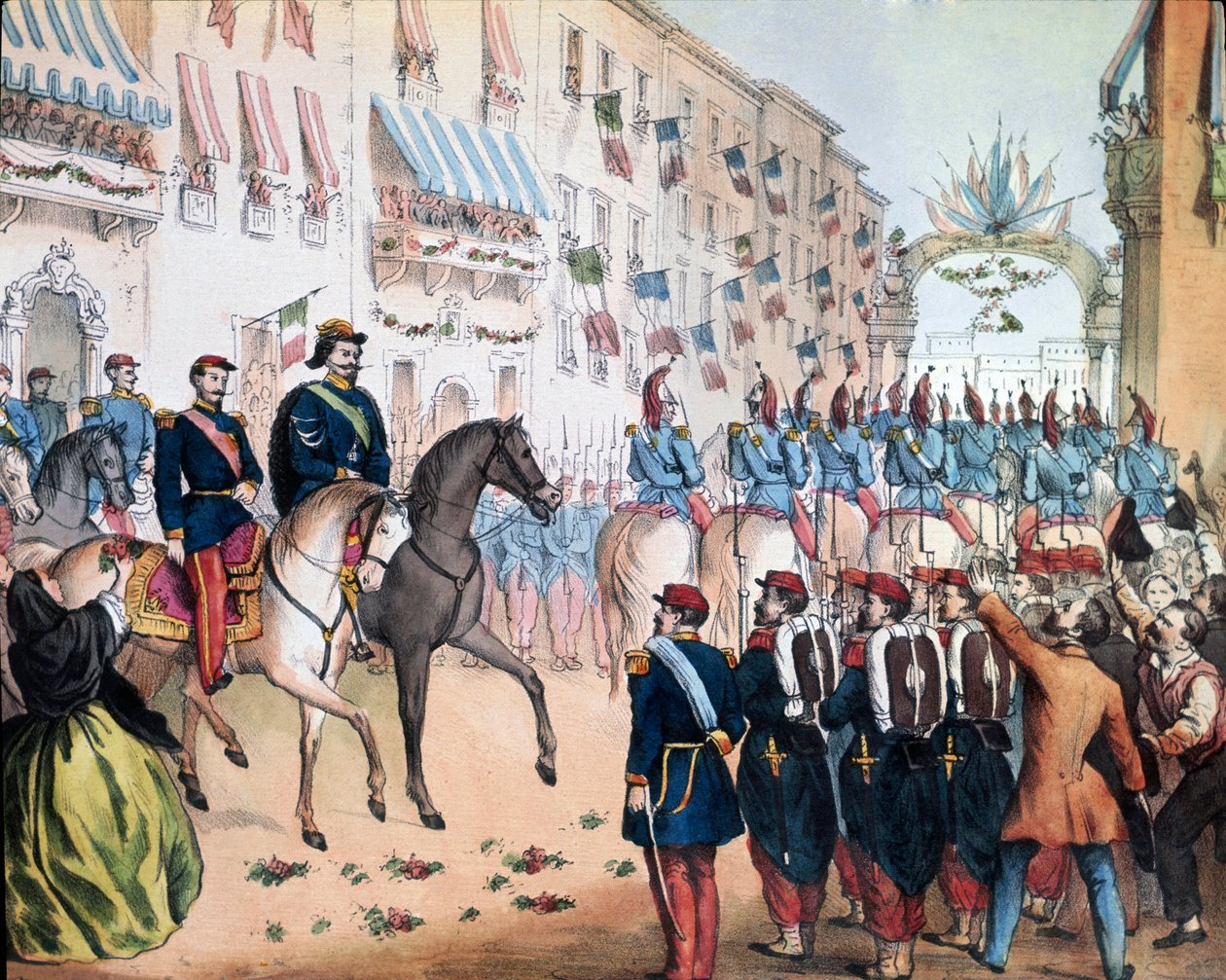 Risorgimento: „” Victor Emmanuel (Victor-Emmanuel vagy Vittorio Emanuele) II. olasz király és III. Napóleon francia császár bejárata Milánóban 1859.06.08-án. A Risorgimento Róma Nemzeti Litográfiai Múzeuma alkotó: Unknown artist