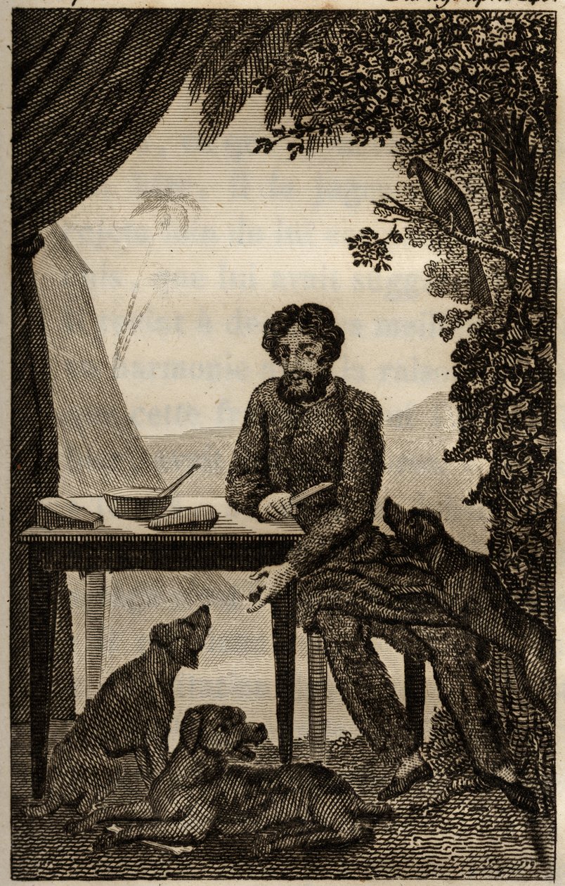 Robinson Crusoe kutyái arra várnak, hogy bedobjon néhány darabot enni, a gravírozás bekerült Daniel Defoe „Les aventures de Robinson Crusoe” (1660-1731), librairie d