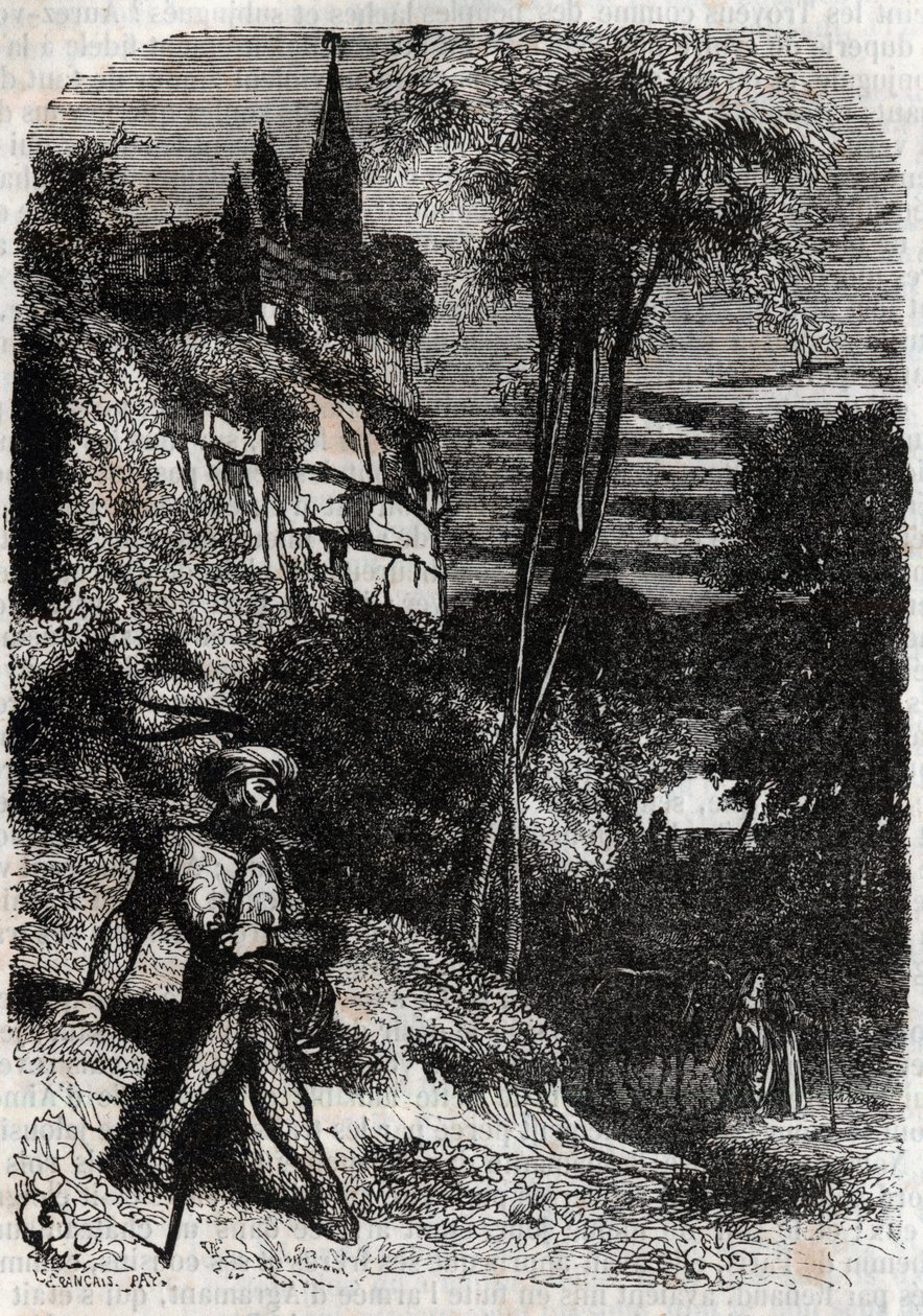 Rodomont, Izabella és az Öreg Remete – 1851-es metszet a „Dühös Roland” (Orlando furioso) című művéből (16. század), Ludovico Ariostotól, Ariosto néven ismert – Tressan gróf olasz nyelvről fordított kiadása, Gustave Harvard 1851. alkotó: Unknown artist