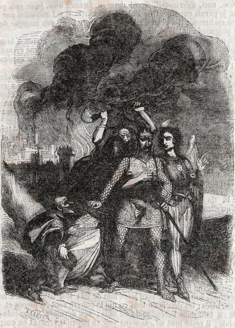 Rodomont elhagyja Párizst – Ludovico Ariosto 1851-es metszete „Roland furieux”-tól (Orlando furioso) (16. század), Ariosta néven ismert – Tressan gróf olasz nyelvről fordított kiadása, Gustave Harvard 1851. alkotó: Unknown artist