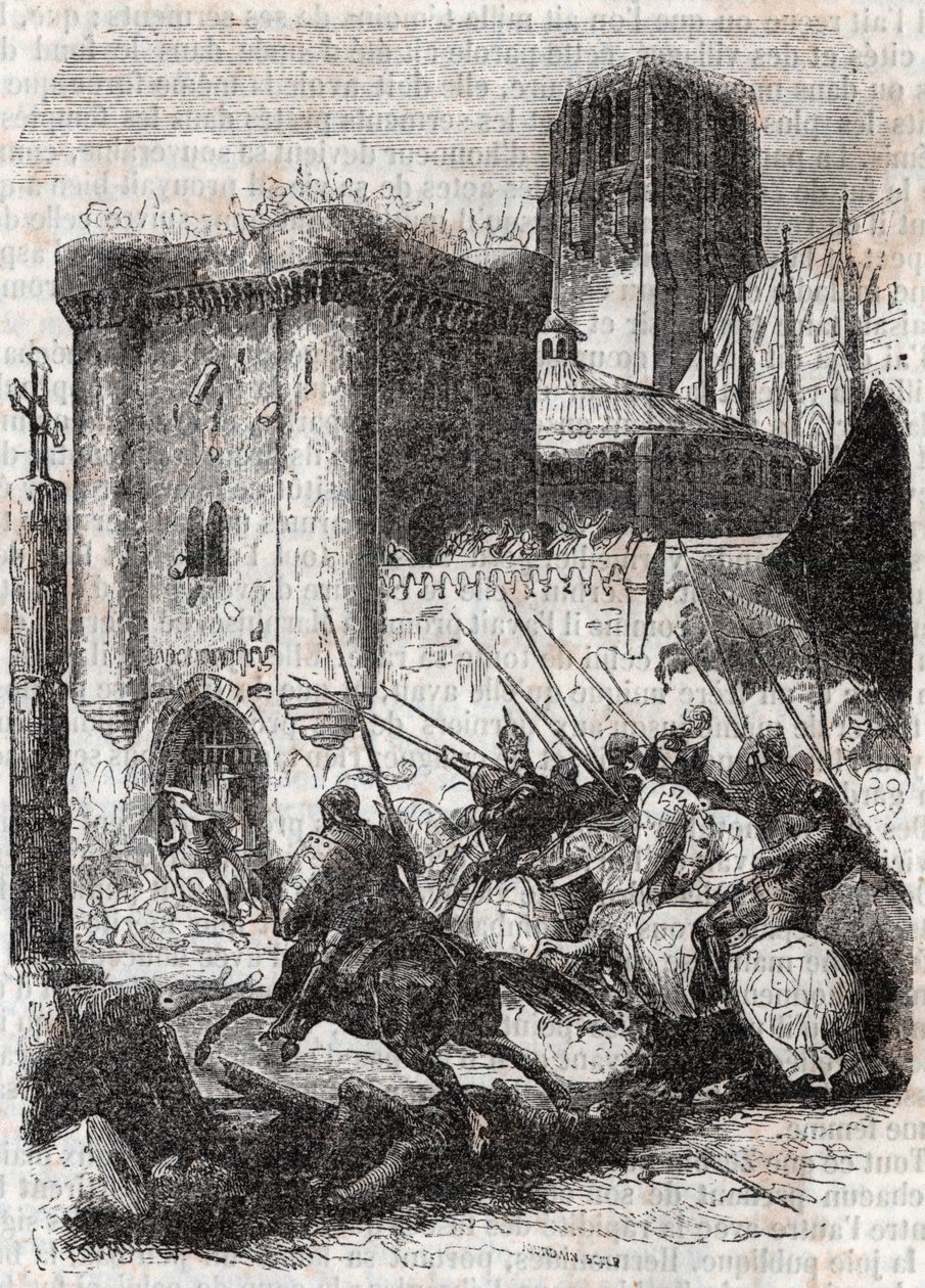 Rodomont betöri a párizsi Palais ajtaját – 1851-es metszet Ludovico Ariosto „” Roland furieux”-tól” (Orlando furioso) (16. század), Arioste néven ismert – Tressan gróf olasz nyelvről fordított kiadása, Gustave kiadása Harv alkotó: Unknown artist