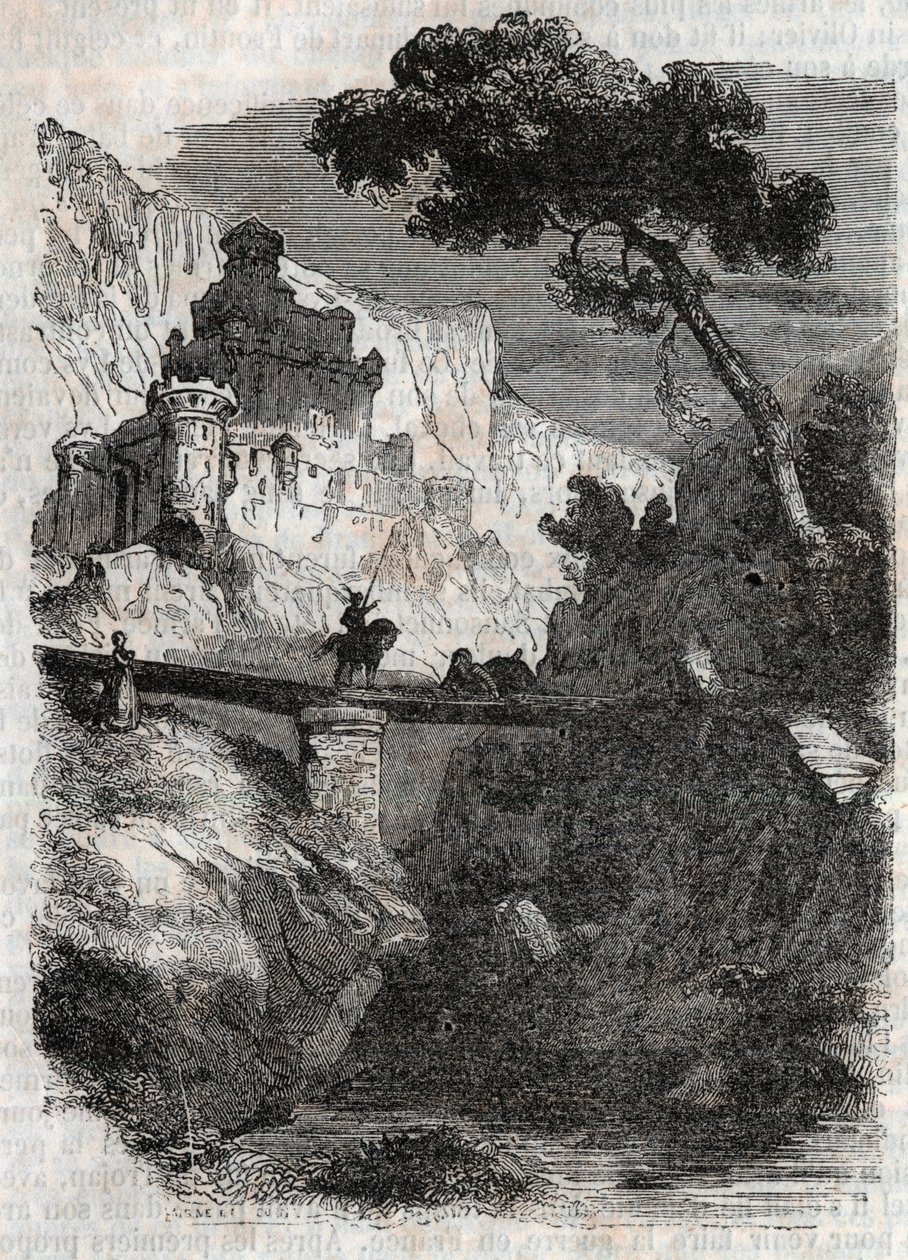 Rodomont legyőzte Bradamante – 1851-es metszet a „Dühös Roland”-ból” (Orlando furioso) (16. század), Ludovico Ariostotól, Ariosto néven ismert – Tressan gróf olasz nyelvről fordított kiadása, Gustave Harvard 1851. alkotó: Unknown artist