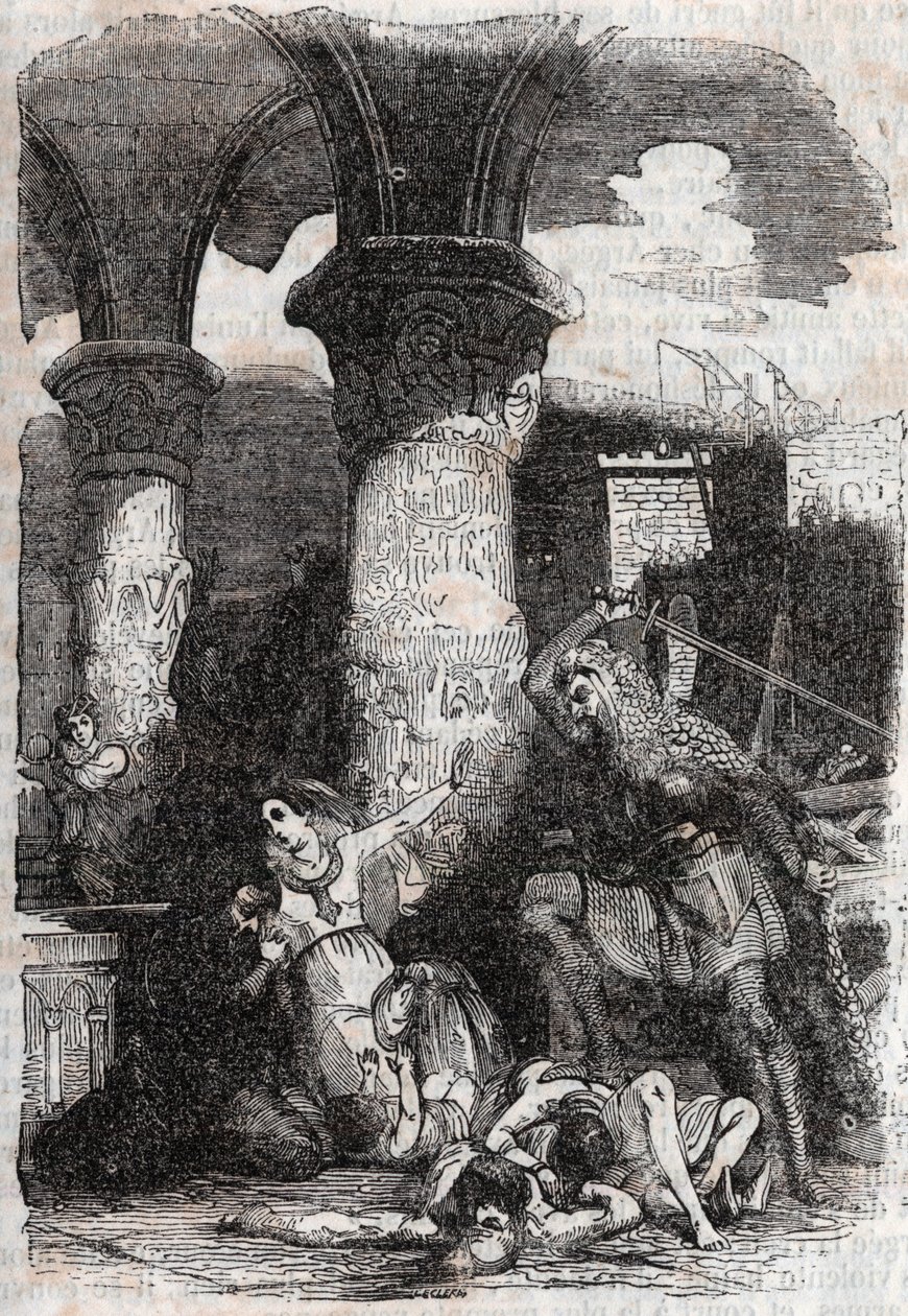 Rodomont mészárlás les habitatnts de Paris - 1851-es metszet a „” Roland furieux”-tól” (Orlando furioso) (16. század), Ludovico Ariostotól, Arioste néven ismert – Tressan gróf olasz nyelvről fordított kiadása, Gustave Harvard kiadása 185 alkotó: Unknown artist