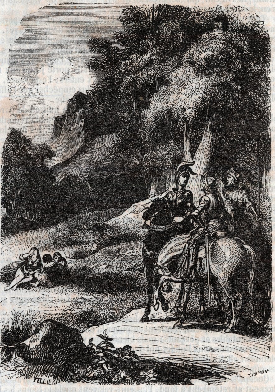Roger (Ruggero, Ruggiero), Marphise (Marfisa) és a három nő - metszet 1851-ből Ludovico Ariostotól (16. század) "" Roland furieux" (Orlando furioso) -tól, Ariosto néven - A kiadás olaszból fordította Tressan grófja és kiadta alkotó: Unknown artist