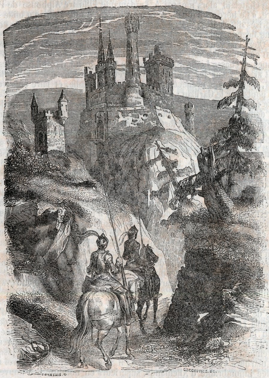 Roger (Ruggero, Ruggiero) és Richardet meglátja az aigremonti kastélyt – Ludovico Ariosto (16. század) metszet 1851-ből „” Roland furieux”-tól” (Orlando furioso), az Ariosta néven ismert – A kiadás olasz nyelvről fordította Tressan grófja és publik alkotó: Unknown artist