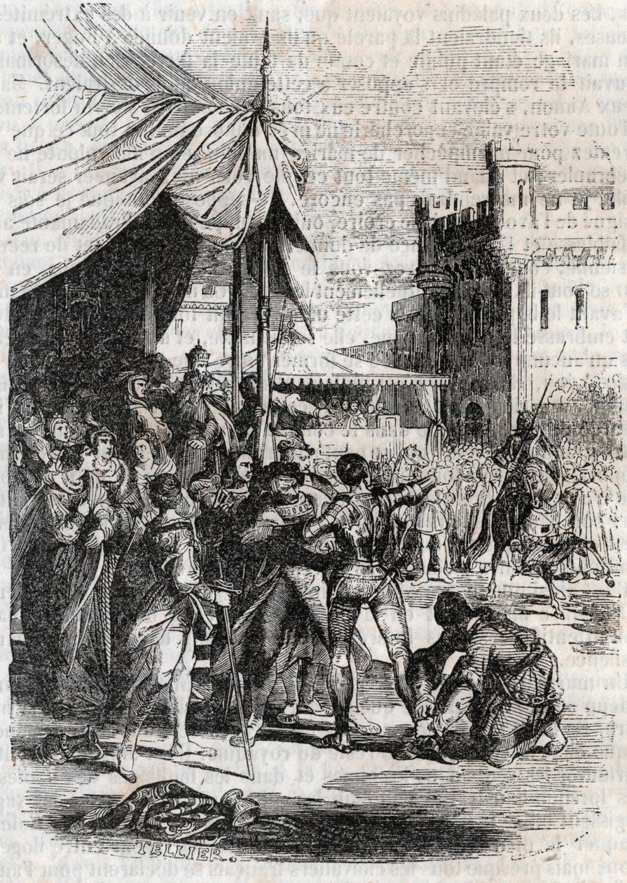 Roger (Ruggero, Ruggiero) dacol a csatában Rodomont (Rodomonte) által – 1851-es metszet Ludovico Ariostotól (Orlando furioso) „Dühös Roland”-ból (16. század), az Ariosta néven ismert – A kiadás olasz nyelvről fordította a gróf Tressan és közzé alkotó: Unknown artist