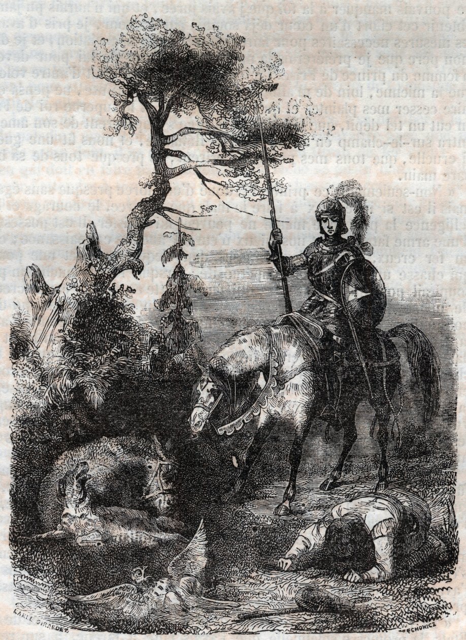 Roger (Ruggero, Ruggiero) a varázslatos pajzsot használja – Ludovico Ariosto (Orlando furioso) (16. század) 1851-es metszetét a „Dühös Roland”-ból (16. század), az Ariosta néven ismert – kiadás olasz nyelvről fordította Tressan grófja és kiadta alkotó: Unknown artist
