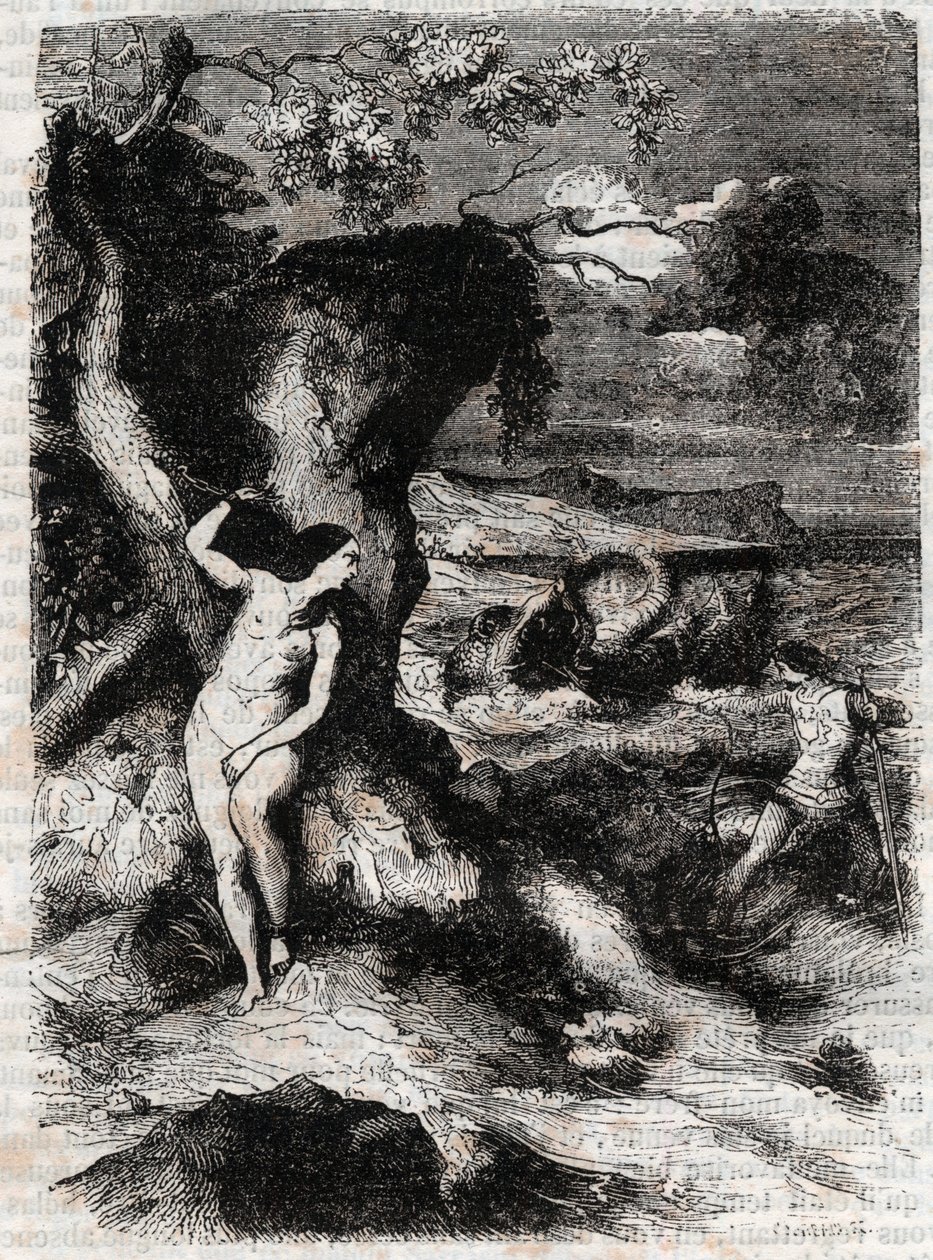 Roland delivre Olympe – Ludovico Ariosto (16. század) „” Roland furieux” (Orlando furioso) metszete (16. század), Ariosto néven ismert – Tressan gróf olasz nyelvről fordított kiadása, Gustave Harvard kiadása 1851 alkotó: Unknown artist