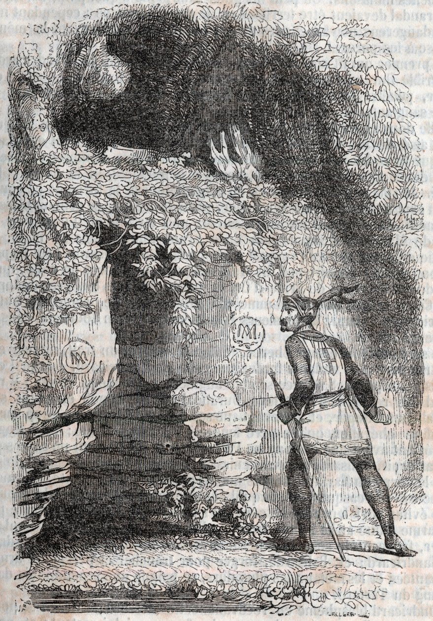 Roland megtalálja Medor (Medoro) és Angelique (Angelica) alakját – 1851-ben készült metszet Ludovico Ariosto „Dühös Roland”-ból” (Orlando furioso) (16. század), Ariosta néven ismert – A kiadás olasz nyelvről fordította a gróf Tressan és publis alkotó: Unknown artist