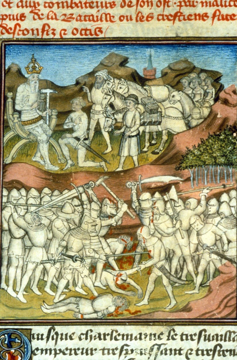 Roland halála. Nagy Károly harcba küldi lovagjait; Roland lovag meghal a roncevaux-i csatában (778) – A középkor miniatúrája (ref. 512 alkotó: Unknown artist