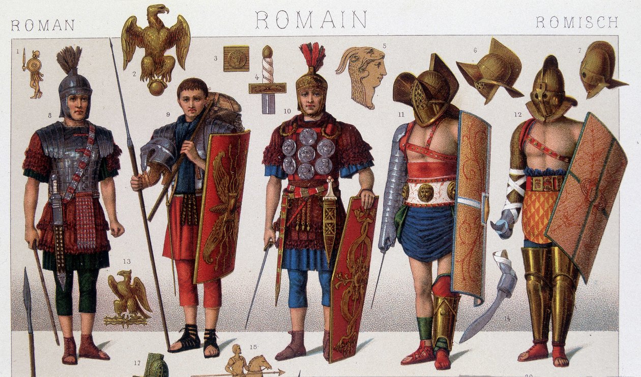 Római gladiátor jelmezek és harcosok. 19. századi kromolitográfia. alkotó: Unknown artist